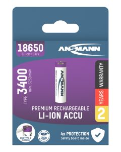 Li-Ion battery 18650 type 3400 (min. 3250 mAh) with USB type C charging socket